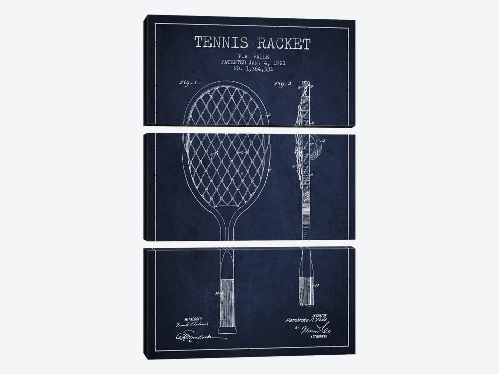 Tennis Racket Navy Blue Patent Blueprint by Aged Pixel 3-piece Canvas Art Print