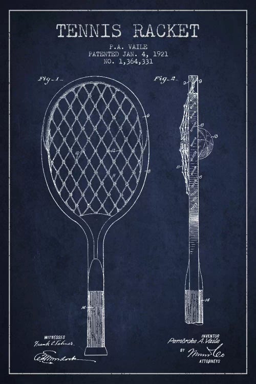Tennis Racket Navy Blue Patent Blueprint by Aged Pixel wall art