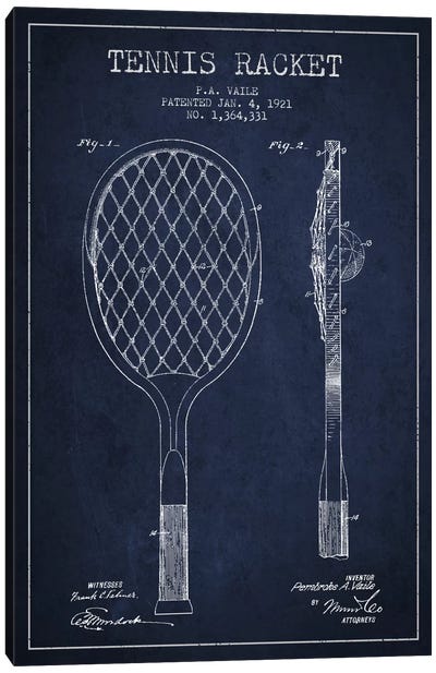Tennis Racket Navy Blue Patent Blueprint Canvas Art Print - Sports