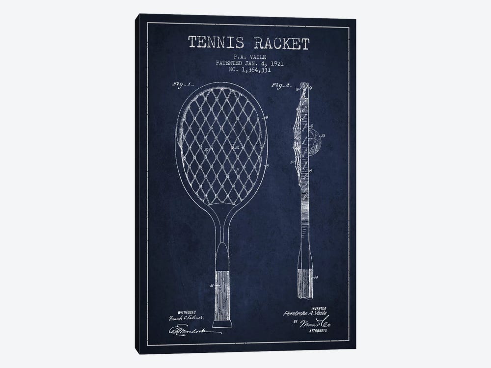 Tennis Racket Navy Blue Patent Blueprint by Aged Pixel 1-piece Canvas Art Print