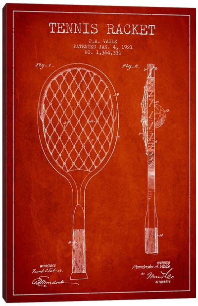 Tennis Racket Red Patent Blueprint Canvas Art Print - Sports Blueprints