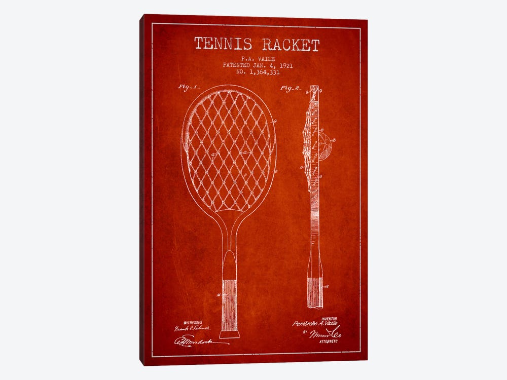 Tennis Racket Red Patent Blueprint by Aged Pixel 1-piece Canvas Wall Art