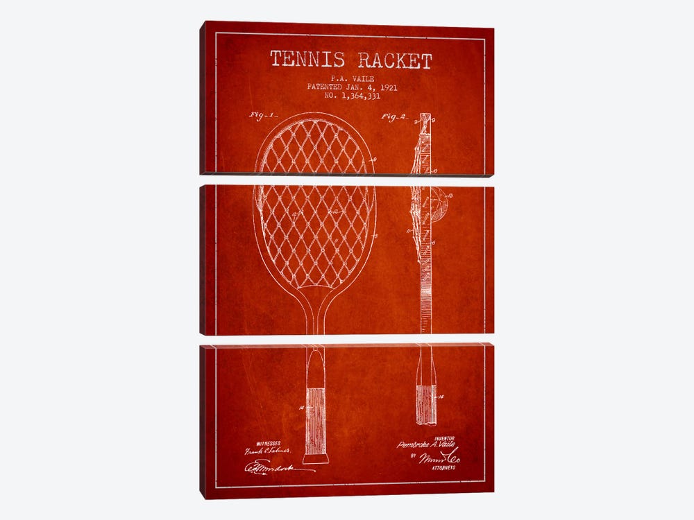 Tennis Racket Red Patent Blueprint by Aged Pixel 3-piece Canvas Wall Art