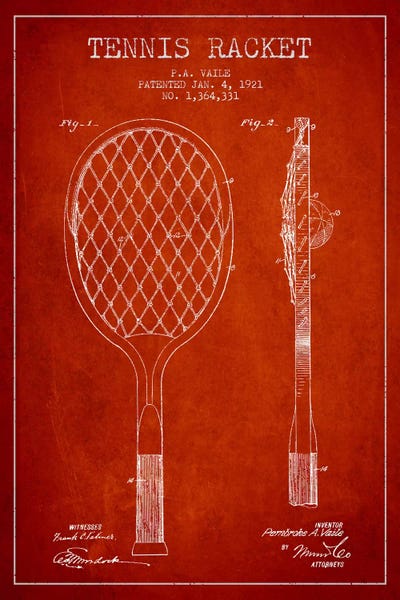 Tennis: Tennis Racket Red Patent Blueprint by Aged Pixel