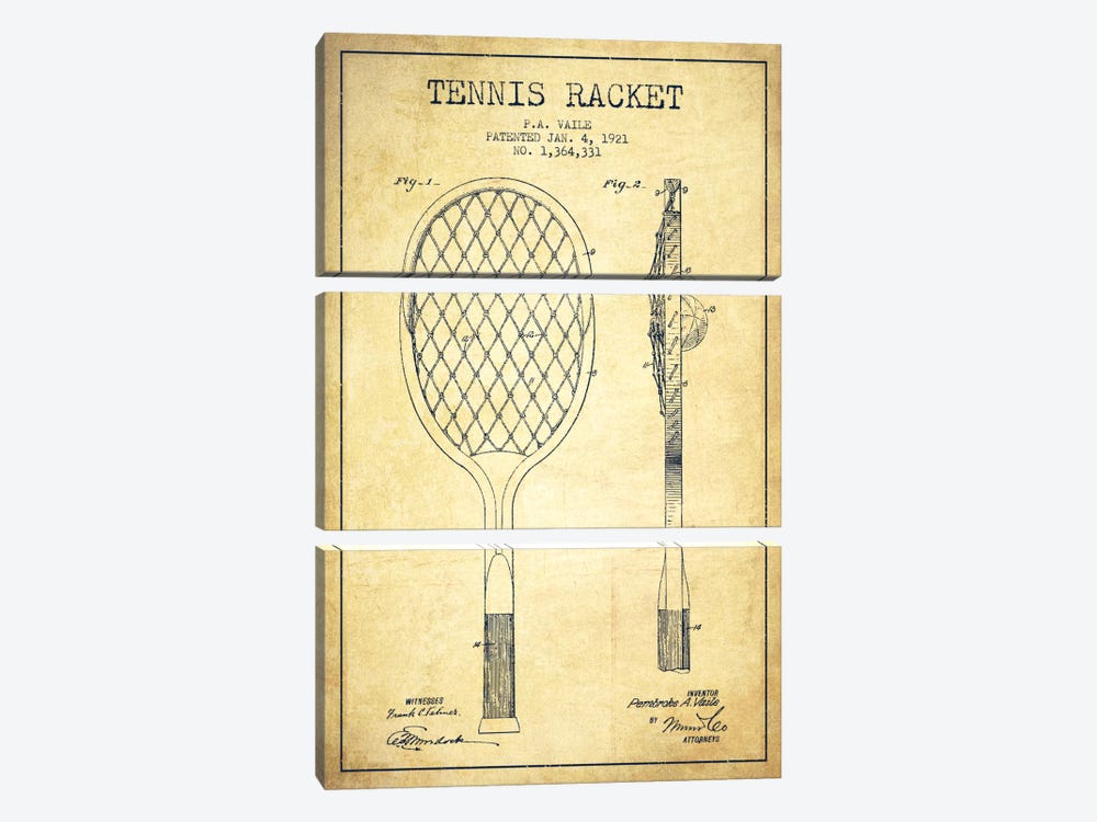 Tennis Racket Vintage Patent Blueprint by Aged Pixel 3-piece Canvas Art Print