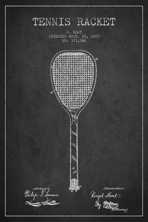 Tennis Racket Charcoal Patent Blueprint