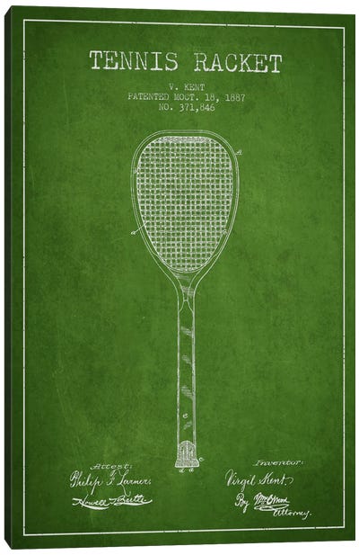 Tennis Racket Green Patent Blueprint Canvas Art Print - Sports Blueprints