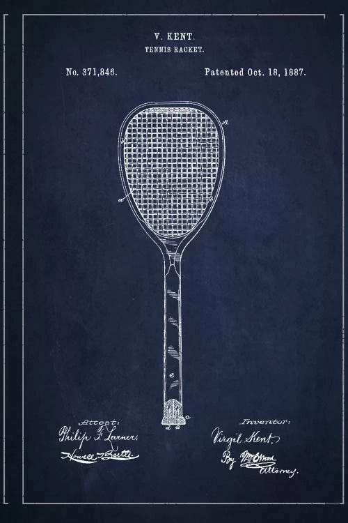 Tennis Racket Navy Blue Patent Blueprint by Aged Pixel wall art