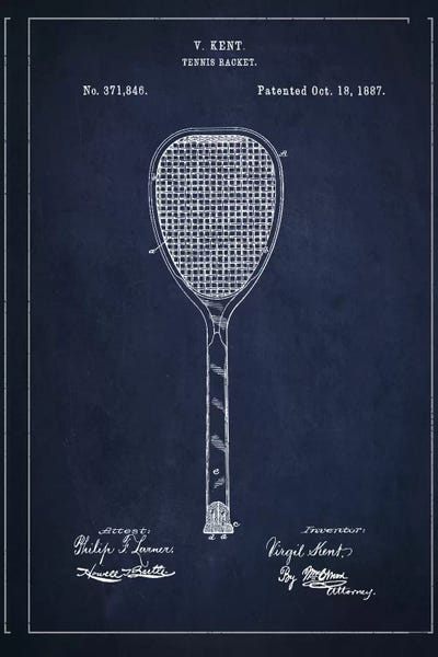 Tennis: Tennis Racket Navy Blue Patent Blueprint by Aged Pixel