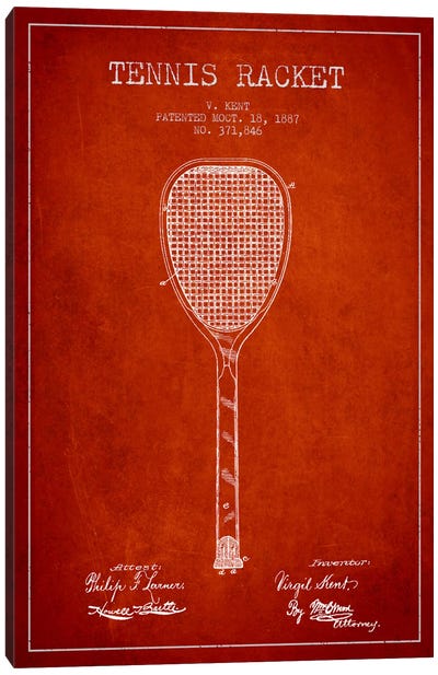 Tennis Racket Red Patent Blueprint Canvas Art Print - Tennis Art