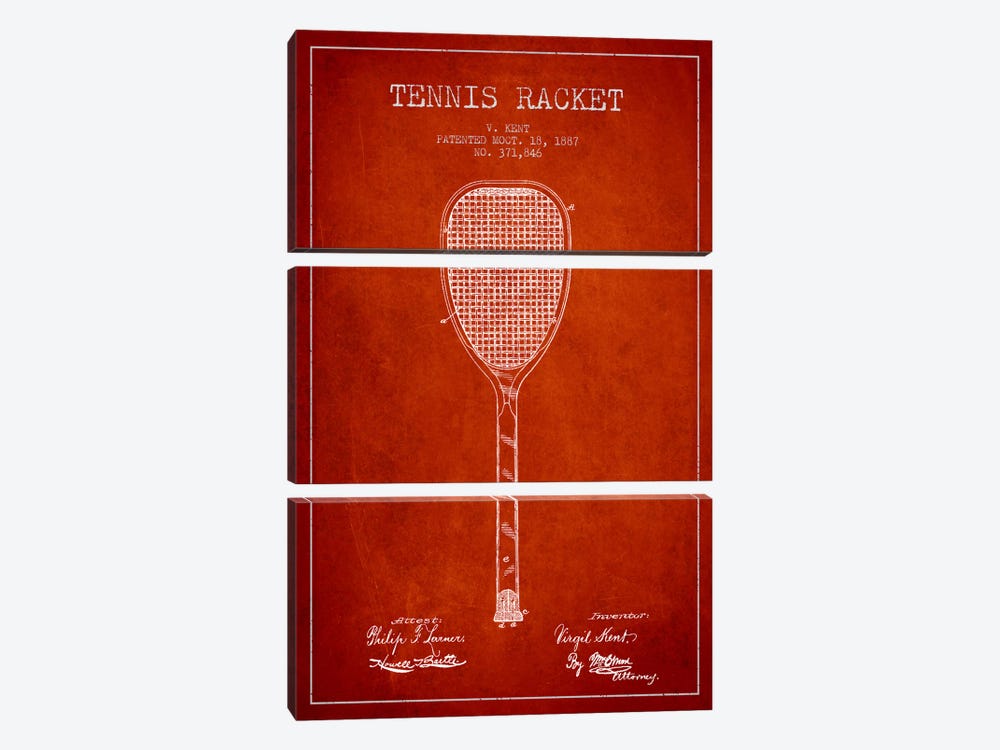 Tennis Racket Red Patent Blueprint by Aged Pixel 3-piece Canvas Print