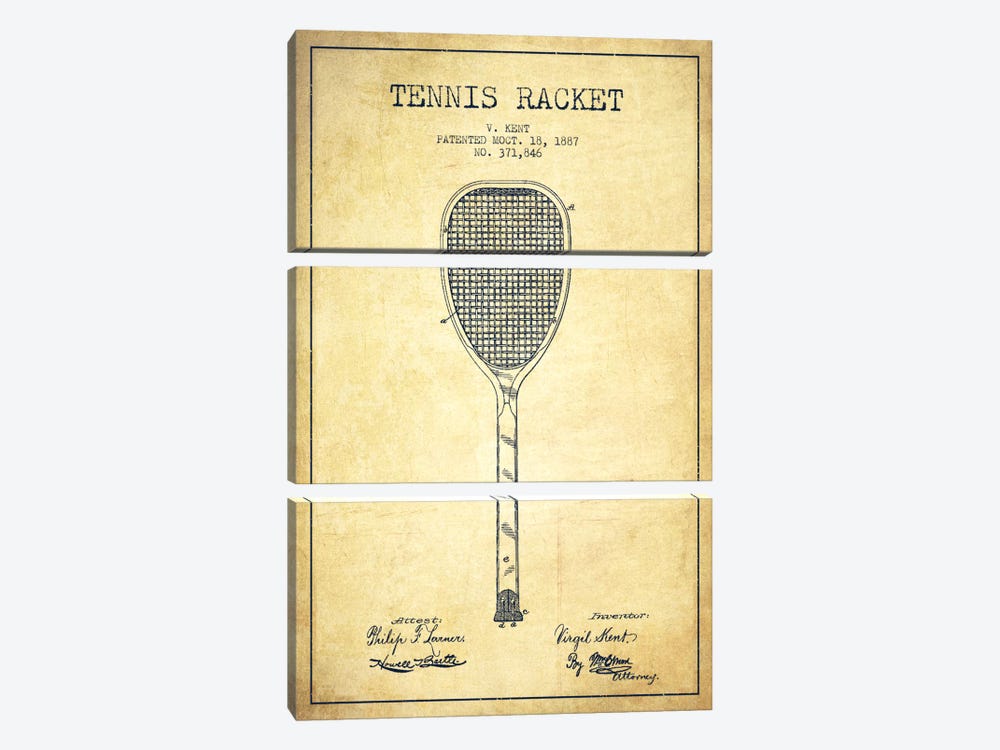 Tennis Racket Vintage Patent Blueprint by Aged Pixel 3-piece Canvas Artwork