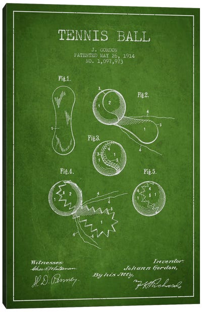 Tennis Ball Green Patent Blueprint Canvas Art Print - Aged Pixel: Sports