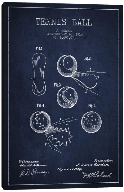 Tennis Ball Navy Blue Patent Blueprint Canvas Art Print - Aged Pixel: Sports