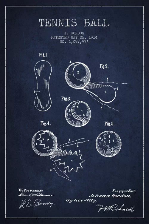 Tennis Ball Navy Blue Patent Blueprint by Aged Pixel wall art