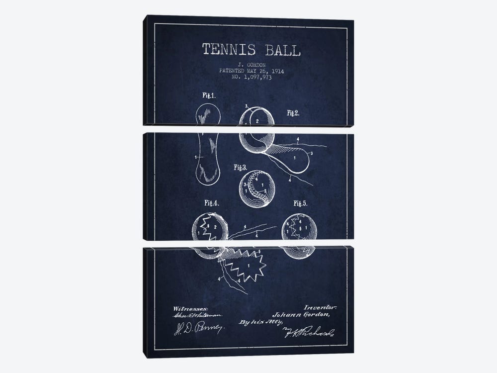Tennis Ball Navy Blue Patent Blueprint by Aged Pixel 3-piece Canvas Wall Art