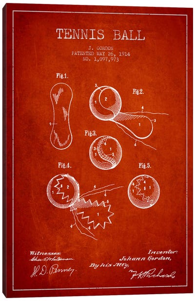 Tennis Ball Red Patent Blueprint Canvas Art Print - Aged Pixel: Sports