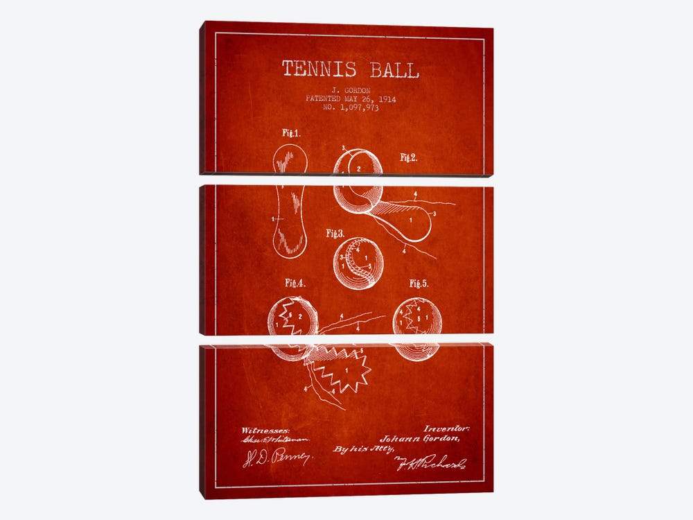 Tennis Ball Red Patent Blueprint by Aged Pixel 3-piece Canvas Print