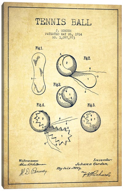 Tennis Ball Vintage Patent Blueprint Canvas Art Print - Aged Pixel: Sports