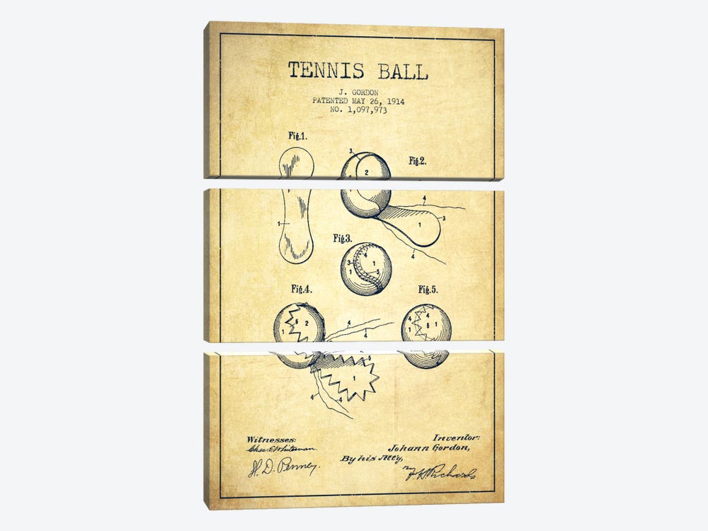 Tennis Ball Vintage Patent Blueprint by Aged Pixel 3-piece Canvas Art