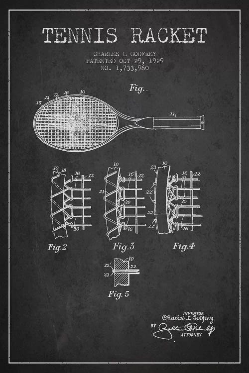 Tennis Racket Charcoal Patent Blueprint