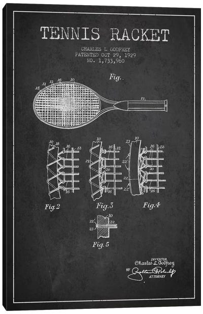 Tennis Racket Charcoal Patent Blueprint Canvas Art Print - Aged Pixel: Sports