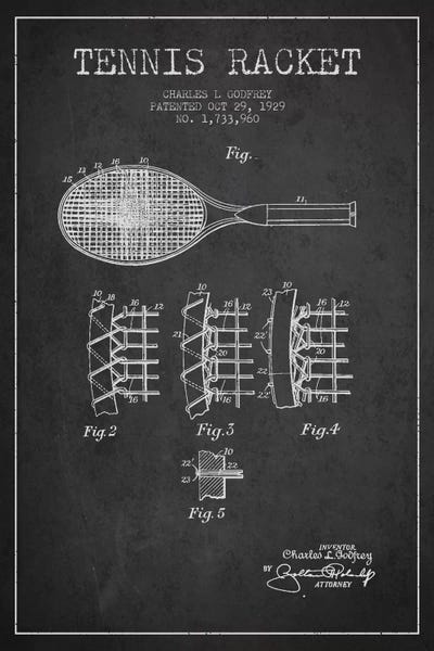 Sports Blueprints: Tennis Racket Charcoal Patent Blueprint by Aged Pixel