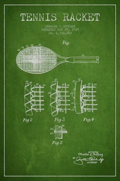 Tennis Racket Green Patent Blueprint by Aged Pixel canvas print