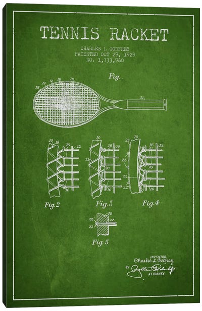 Tennis Racket Green Patent Blueprint Canvas Art Print - Aged Pixel