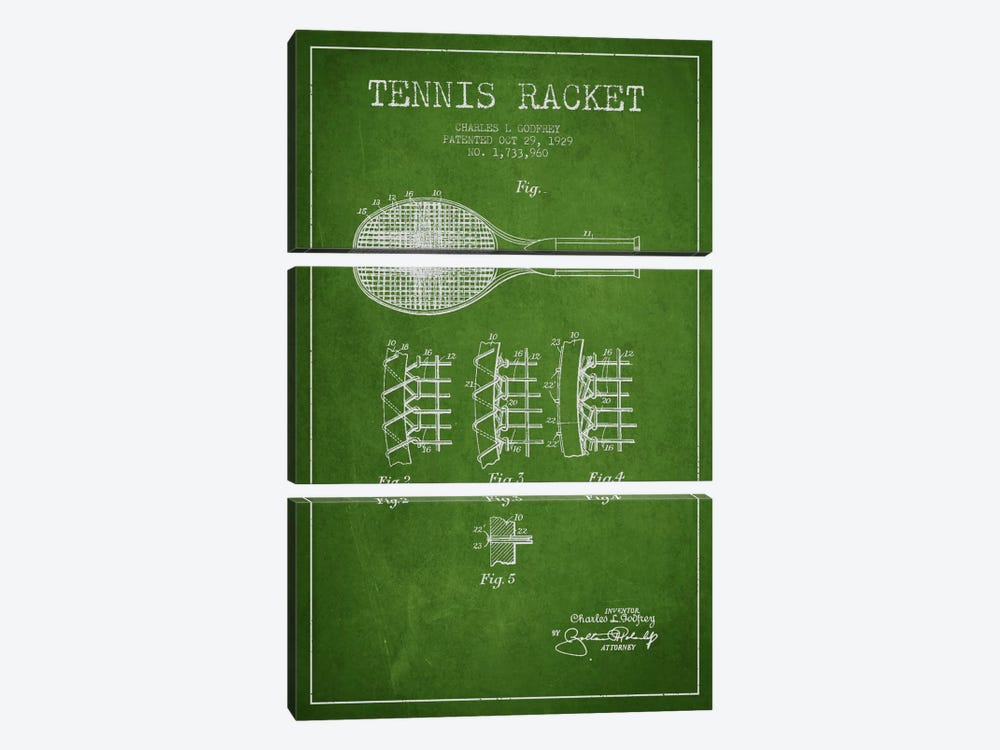 Tennis Racket Green Patent Blueprint by Aged Pixel 3-piece Canvas Artwork