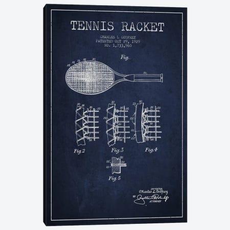 Tennis Racket Navy Blue Patent Blueprint Canvas Print #ADP2277} by Aged Pixel Canvas Wall Art