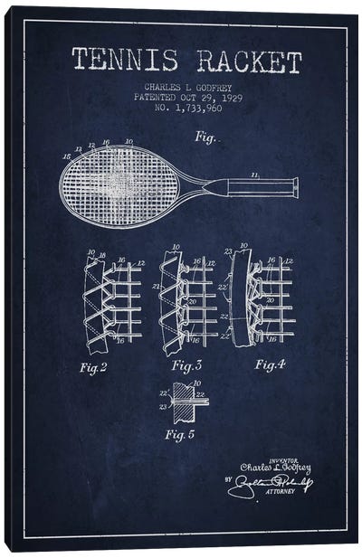 Tennis Racket Navy Blue Patent Blueprint Canvas Art Print - Sports Blueprints