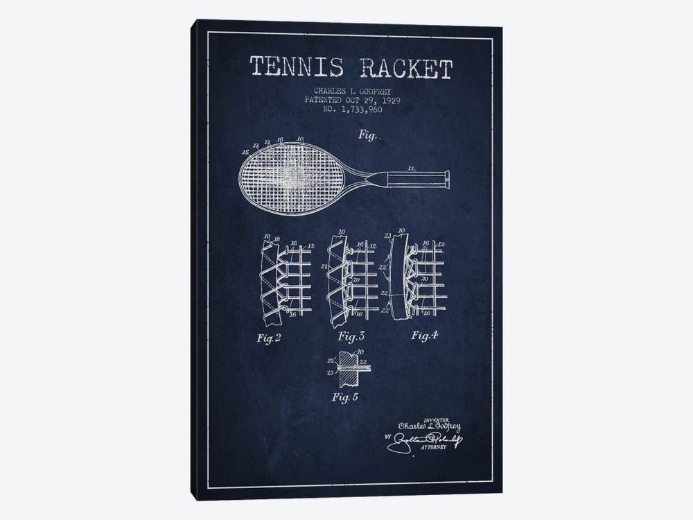 Tennis Racket Navy Blue Patent Blueprint 1-piece Canvas Art Print