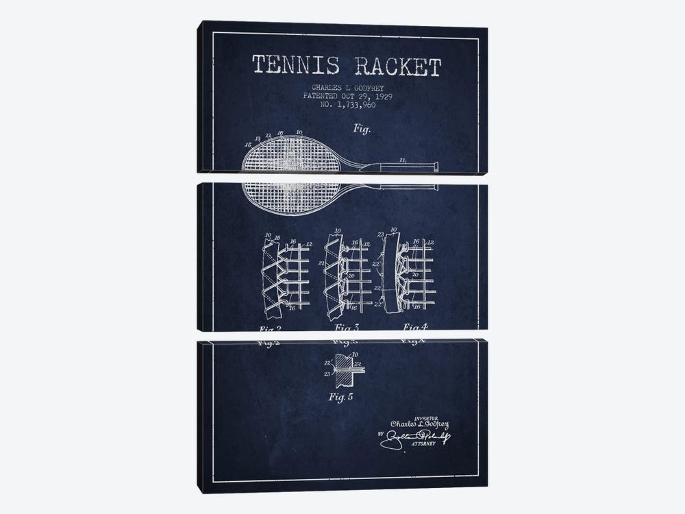 Tennis Racket Navy Blue Patent Blueprint 3-piece Art Print