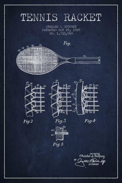 Sports Blueprints: Tennis Racket Navy Blue Patent Blueprint by Aged Pixel