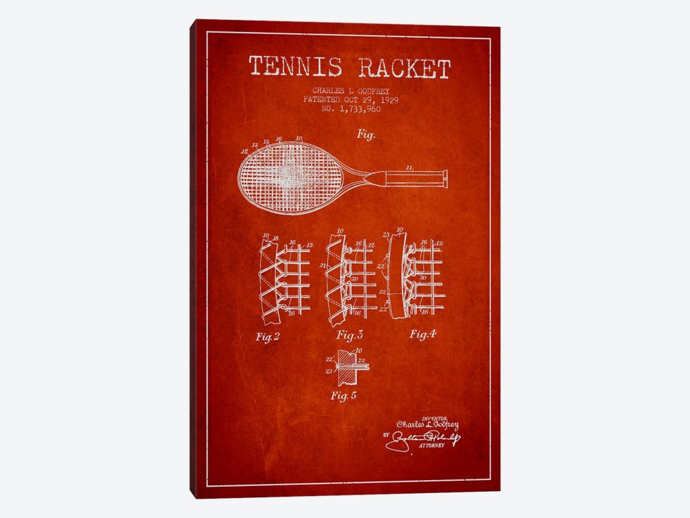 Tennis Racket Red Patent Blueprint by Aged Pixel 1-piece Canvas Artwork