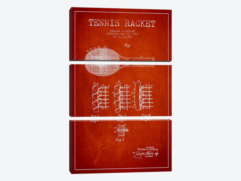 Tennis Racket Red Patent Blueprint by Aged Pixel 3-piece Canvas Art