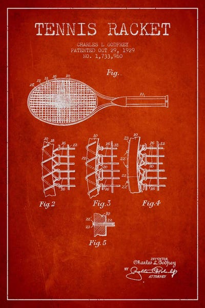Sports Blueprints: Tennis Racket Red Patent Blueprint by Aged Pixel