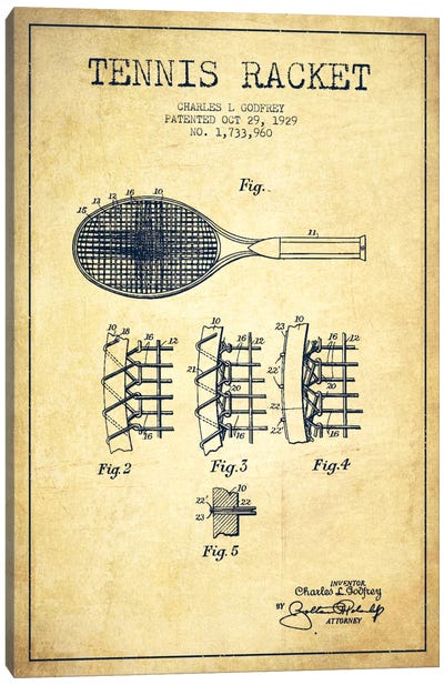 Tennis Racket Vintage Patent Blueprint Canvas Art Print - Aged Pixel: Sports