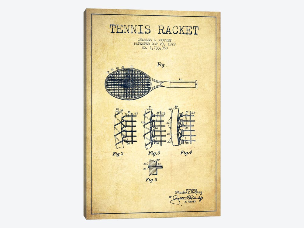 Tennis Racket Vintage Patent Blueprint by Aged Pixel 1-piece Canvas Art Print