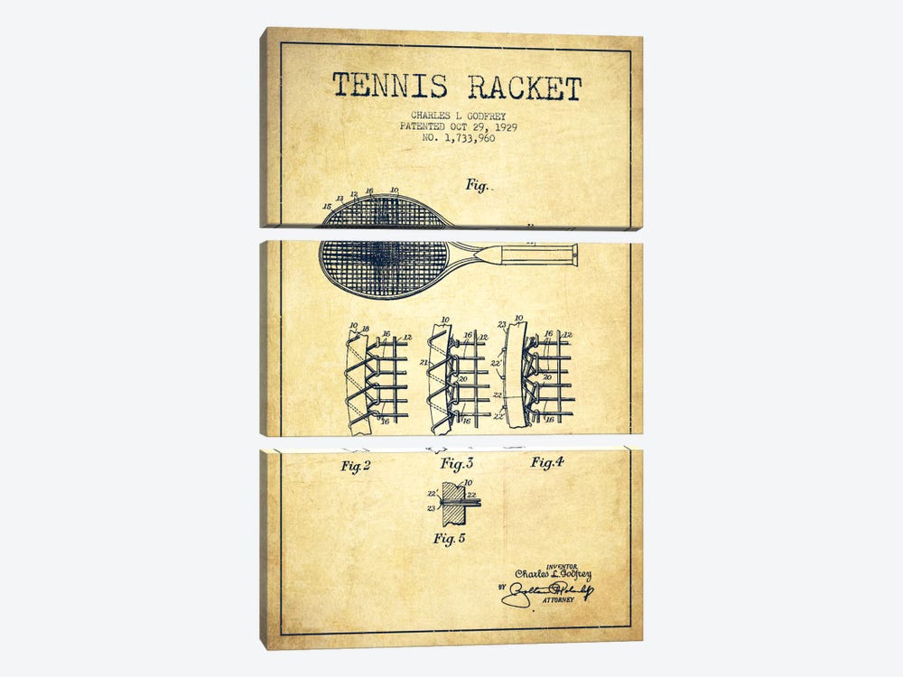 Tennis Racket Vintage Patent Blueprint by Aged Pixel 3-piece Art Print