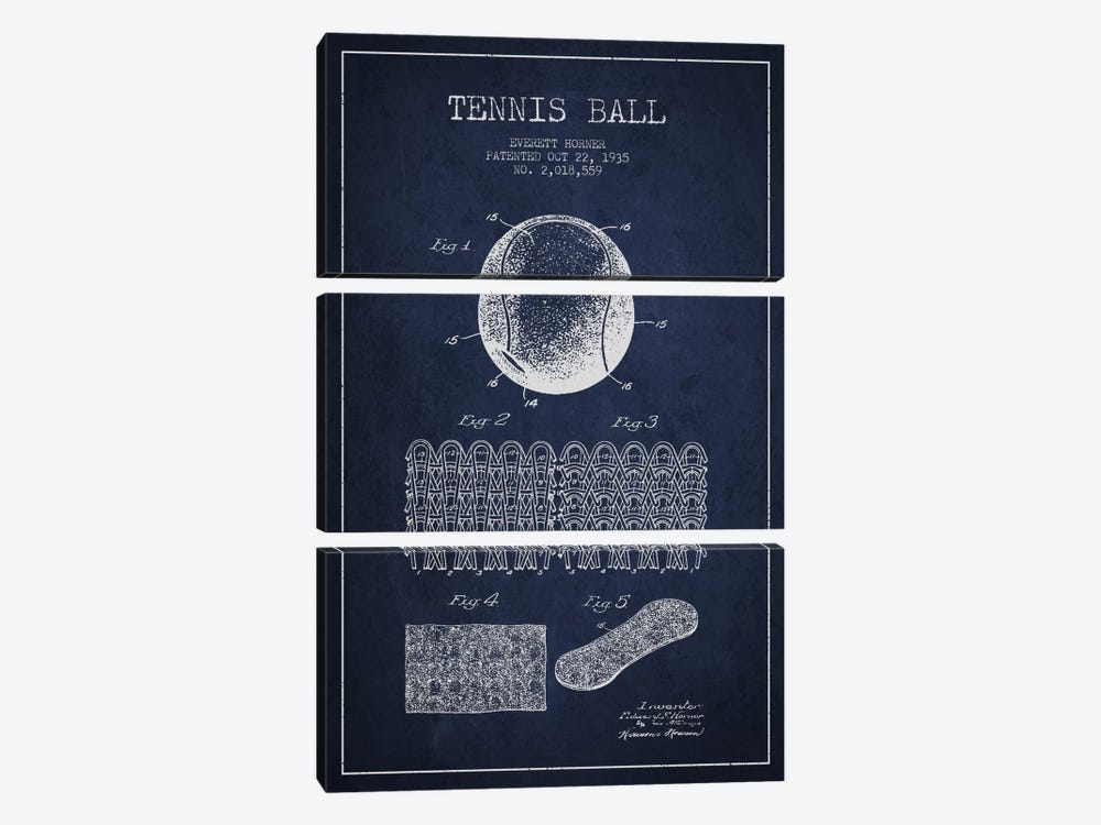 Tennis Ball Navy Blue Patent Blueprint by Aged Pixel 3-piece Art Print