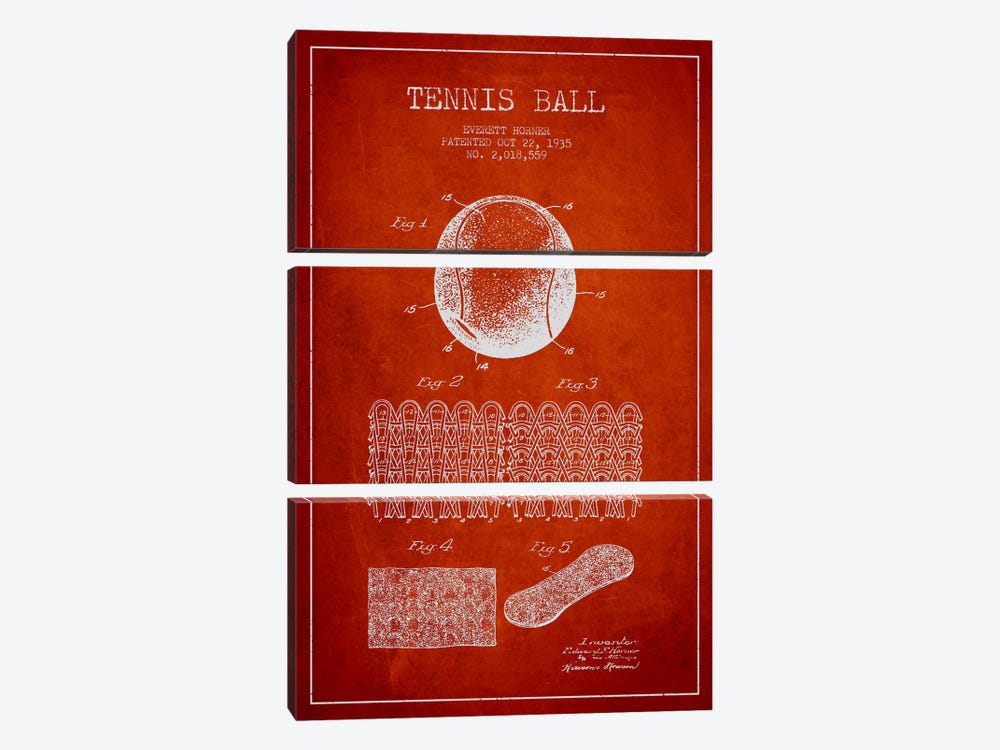Tennis Ball Red Patent Blueprint by Aged Pixel 3-piece Canvas Artwork