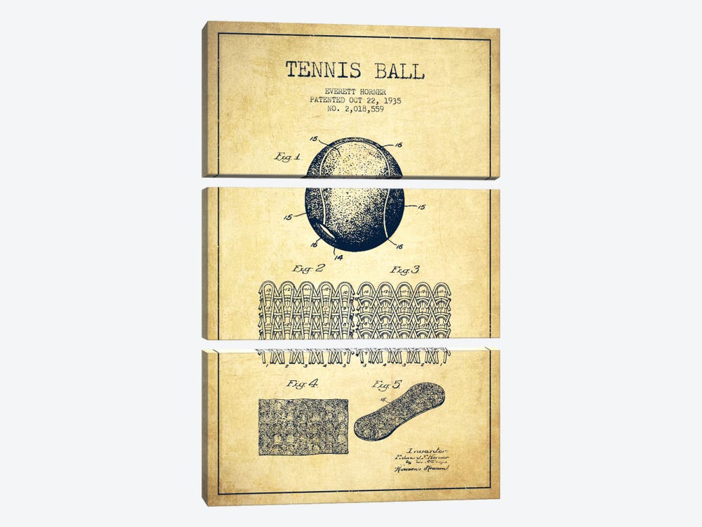 Tennis Ball Vintage Patent Blueprint by Aged Pixel 3-piece Canvas Art Print
