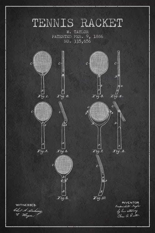 Tennis Racket Charcoal Patent Blueprint