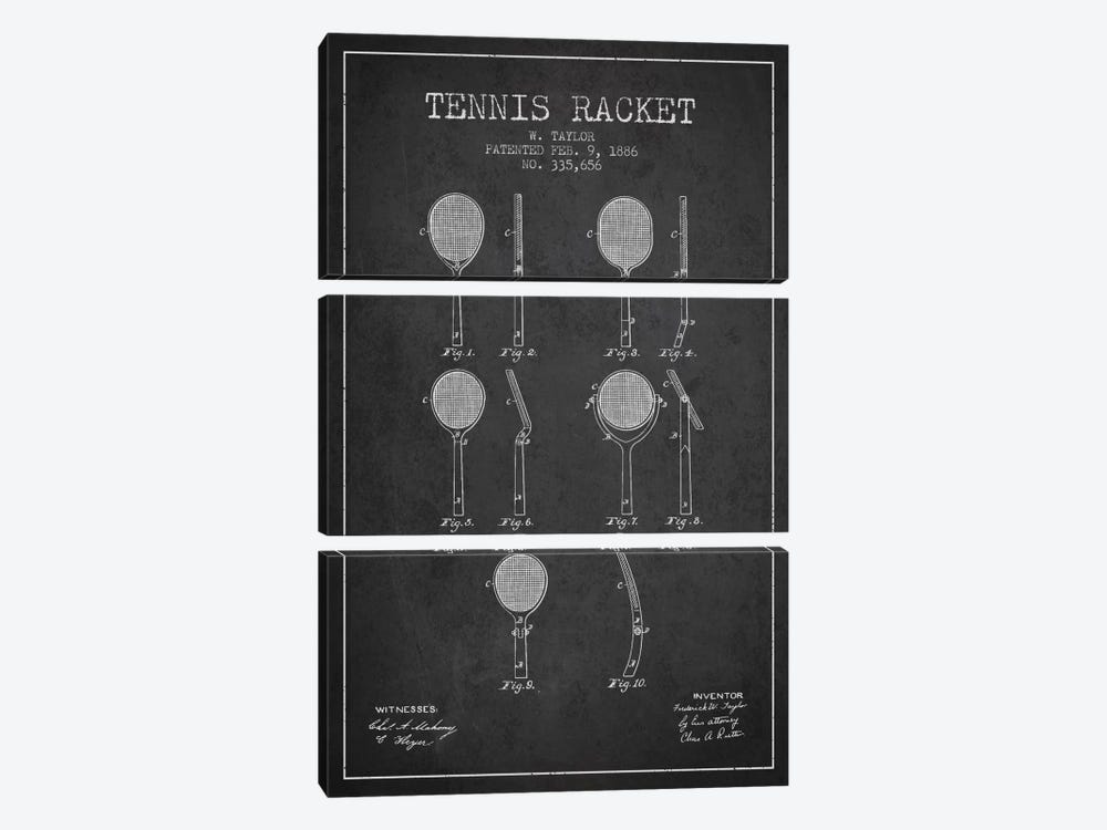 Tennis Racket Charcoal Patent Blueprint by Aged Pixel 3-piece Canvas Art