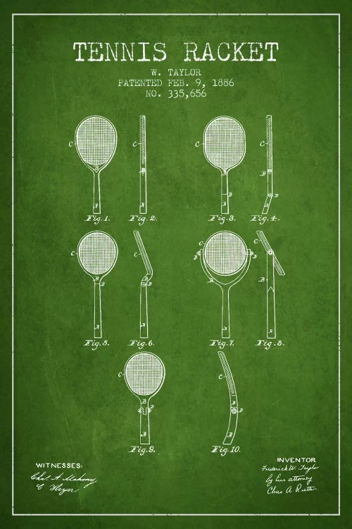 Tennis Racket Green Patent Blueprint by Aged Pixel wall art