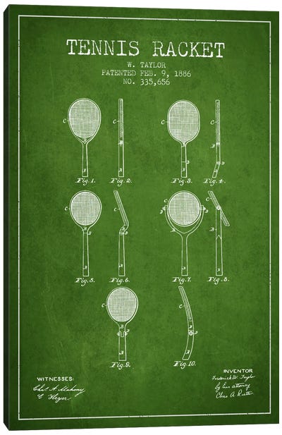 Tennis Racket Green Patent Blueprint Canvas Art Print
