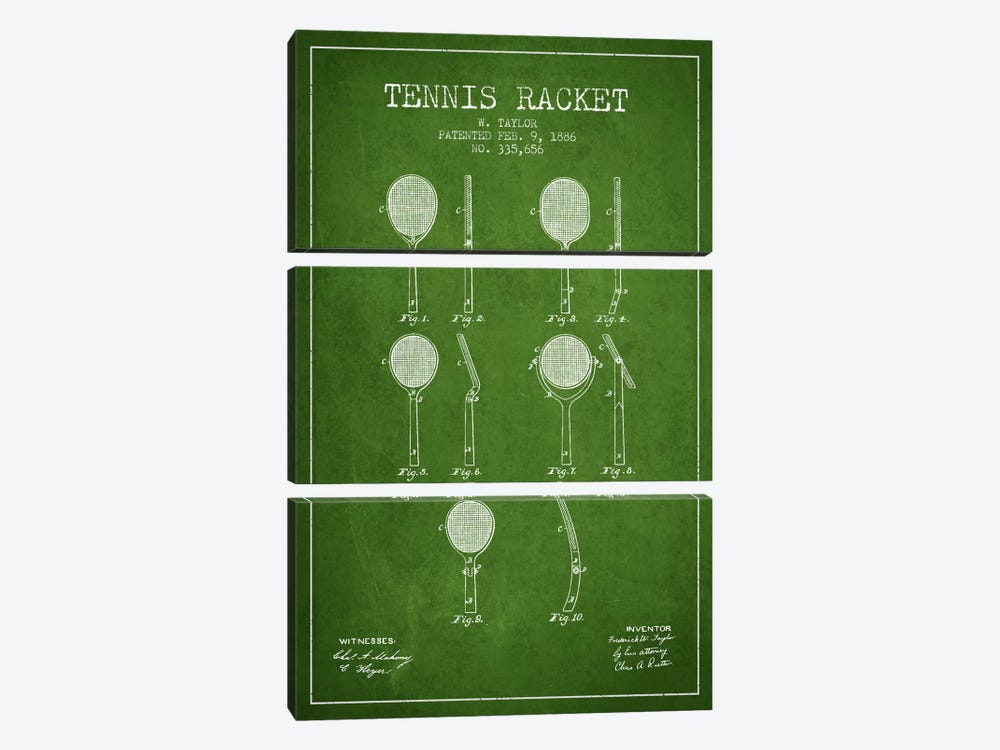 Tennis Racket Green Patent Blueprint by Aged Pixel 3-piece Canvas Art Print