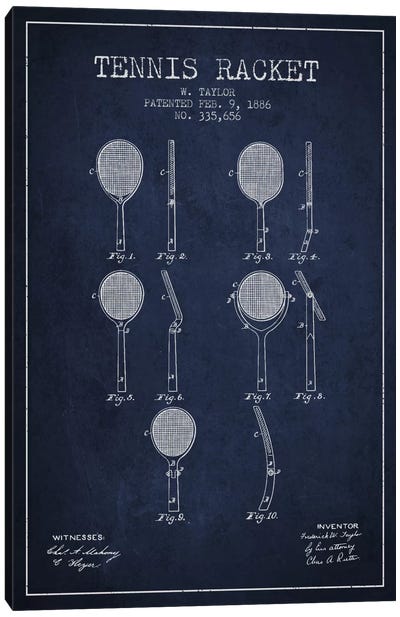 Tennis Racket Navy Blue Patent Blueprint Canvas Art Print - Sports Blueprints